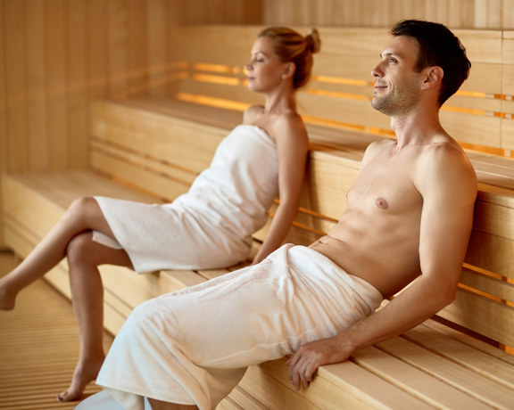 Serene Couple Relaxing Sauna While Spending Their Weekend Health Spa Focus Is Man