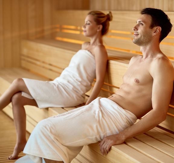 Serene Couple Relaxing Sauna While Spending Their Weekend Health Spa Focus Is Man